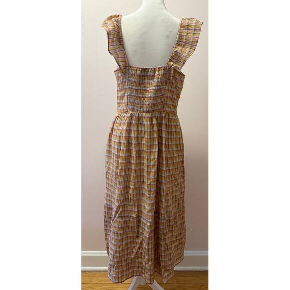 LOFT Madras Plaid Ruffle Sleeve Tiered Smocked Feminine Midi Dress Size S - Picture 4 of 7